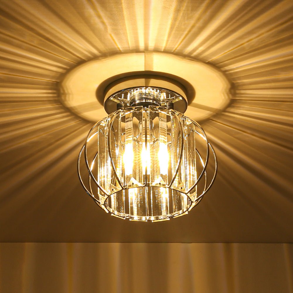 1-Light Dazzled Crystal Round Mini Cage Chrome Semi Flush Mount