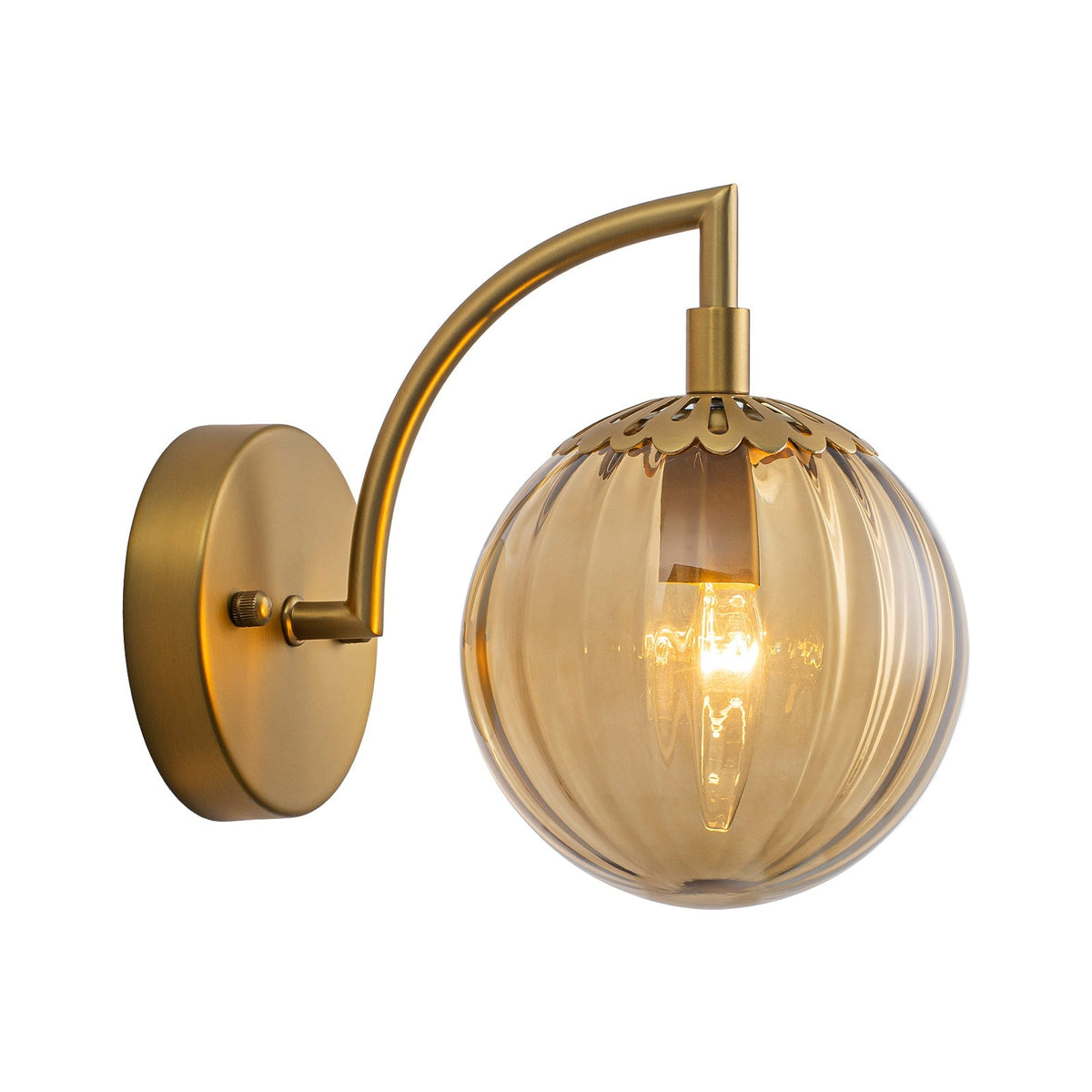 1-Light Goose Arm Amber Ribbed Glass Globe Wall Sconce
