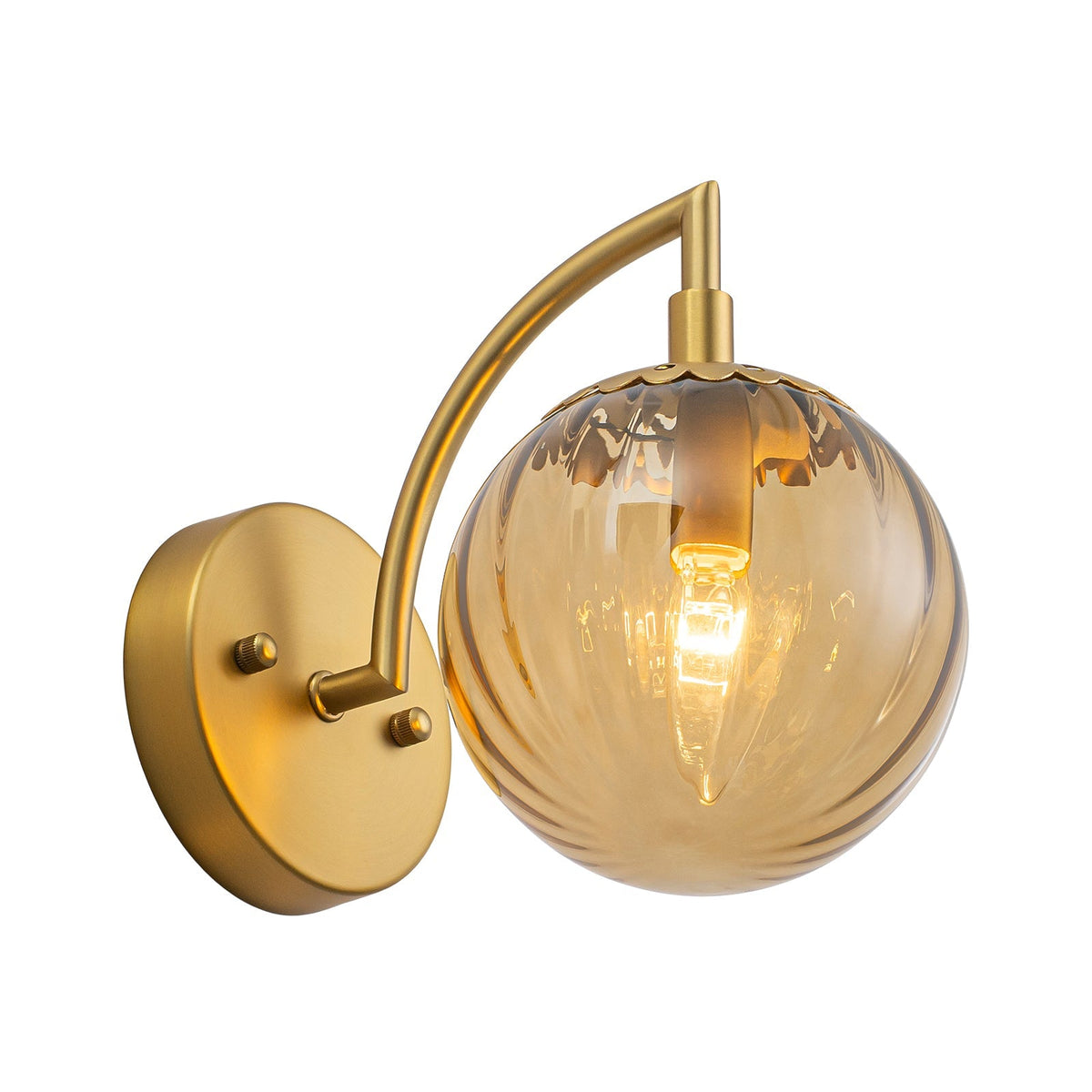 1-Light Goose Arm Amber Ribbed Glass Globe Wall Sconce