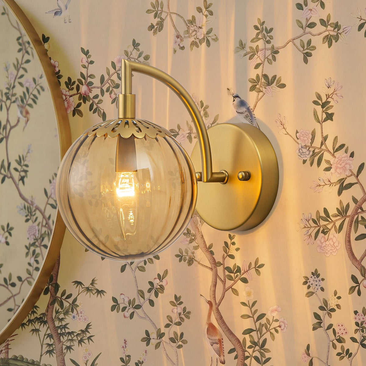 1-Light Goose Arm Amber Ribbed Glass Globe Wall Sconce