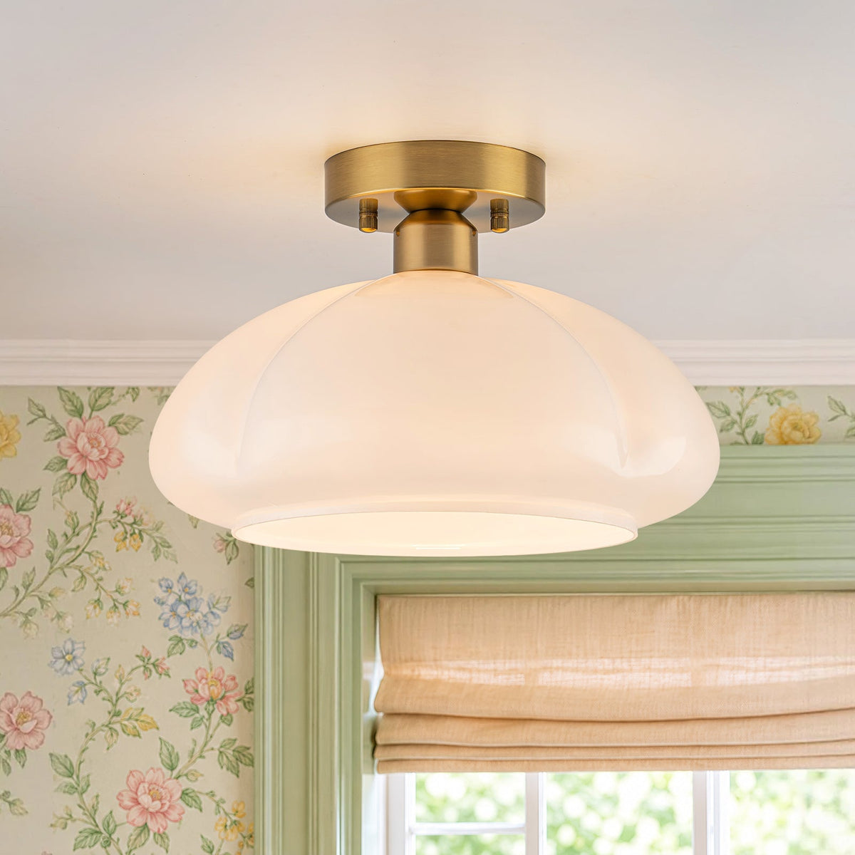 1-Light Shine Opal Glass Round Scalloped Pleated Semi Flush