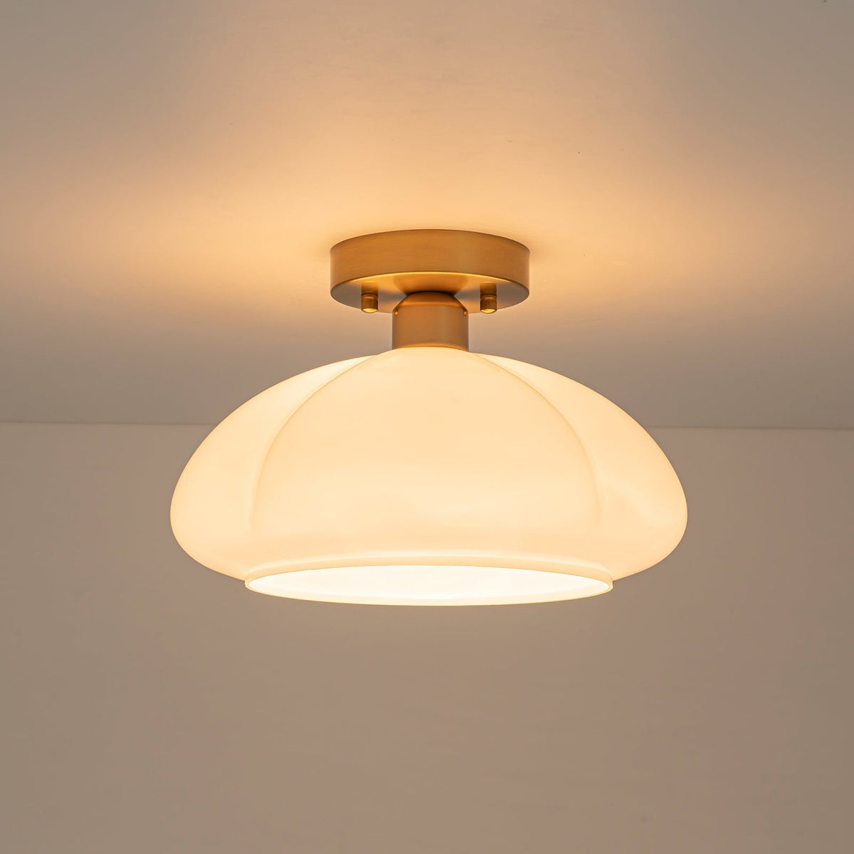 1-Light Shine Opal Glass Round Scalloped Pleated Semi Flush