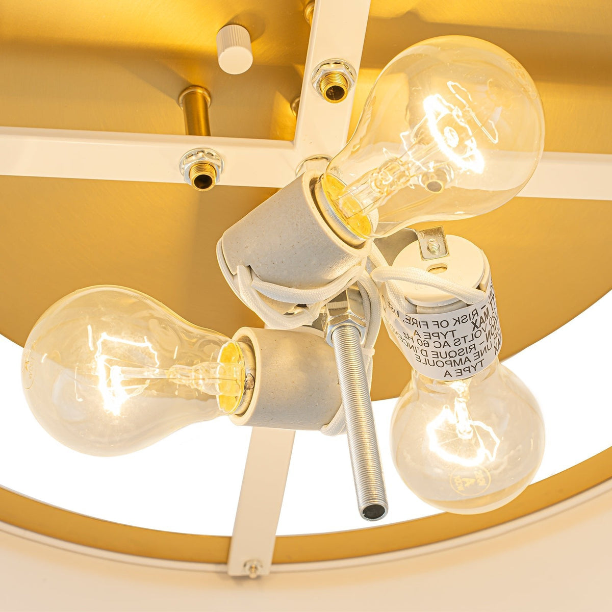 3-Light Brass White Fabric Drum Cage Semi Flush Mount