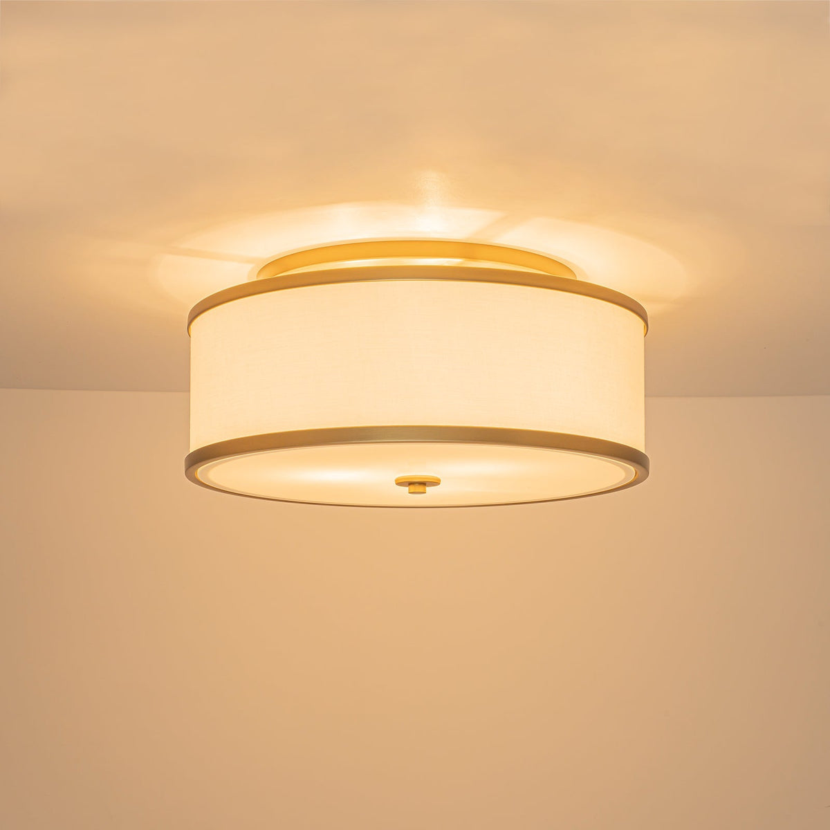 3-Light Brass White Fabric Drum Cage Semi Flush Mount