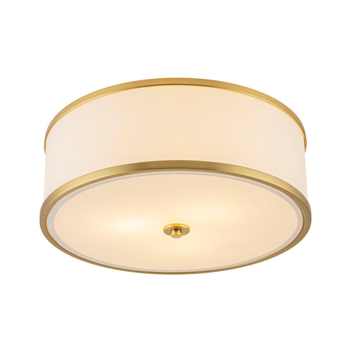 3-Light Brass White Fabric Drum Cage Semi Flush Mount