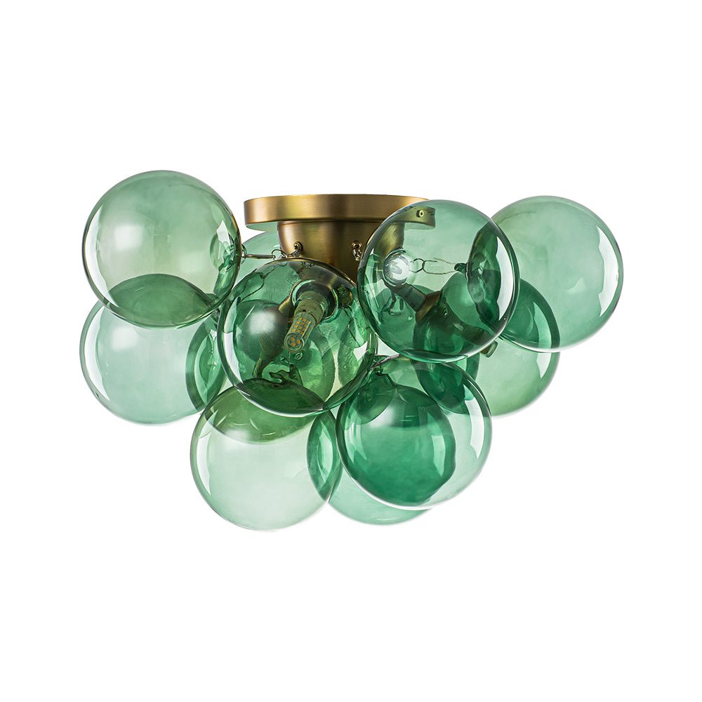 3-Light Cluster Green Tinted Glass Globe Bubble Semi Flush