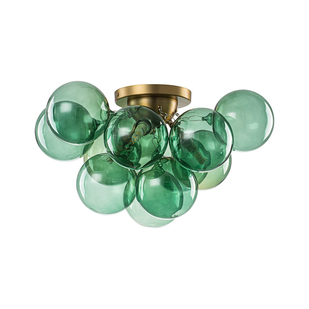 3-Light Cluster Green Tinted Glass Globe Bubble Semi Flush
