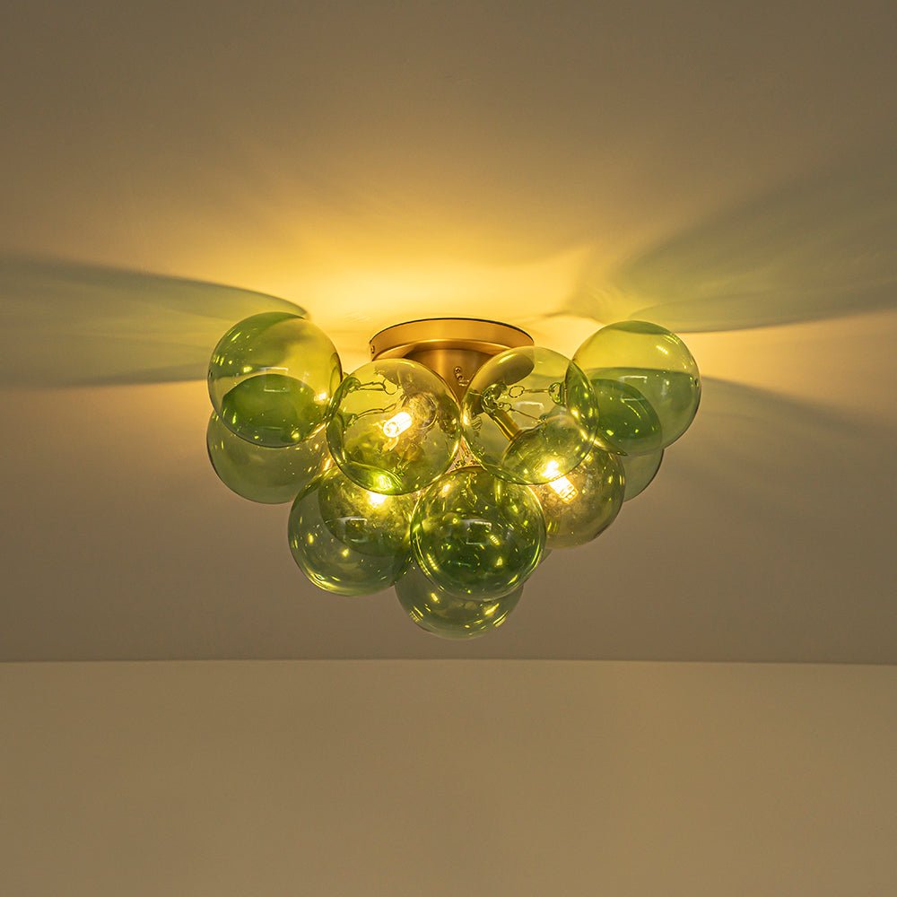 3-Light Cluster Green Tinted Glass Globe Bubble Semi Flush