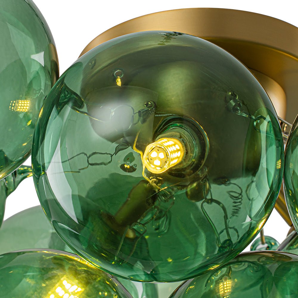 3-Light Cluster Green Tinted Glass Globe Bubble Semi Flush