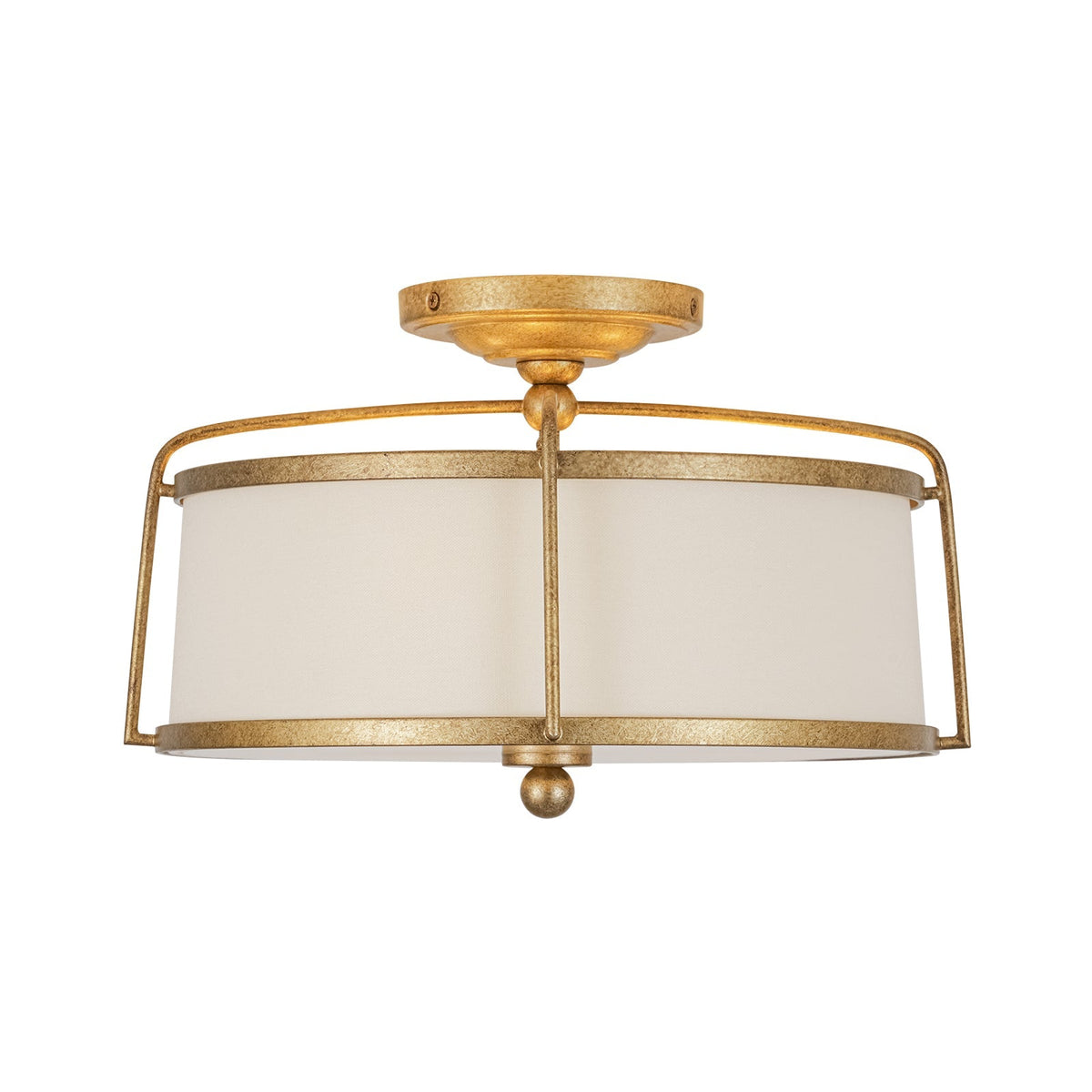 3-Light Distressed Gold Linen Drum Cage Semi Flush Mount