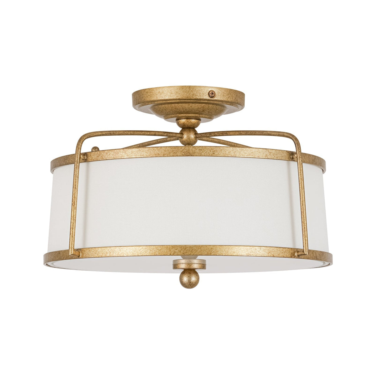 3-Light Distressed Gold Linen Drum Cage Semi Flush Mount