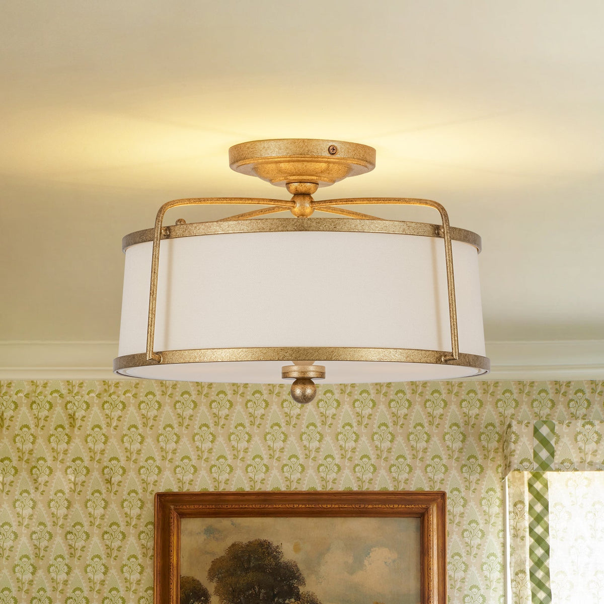 3-Light Distressed Gold Linen Drum Cage Semi Flush Mount