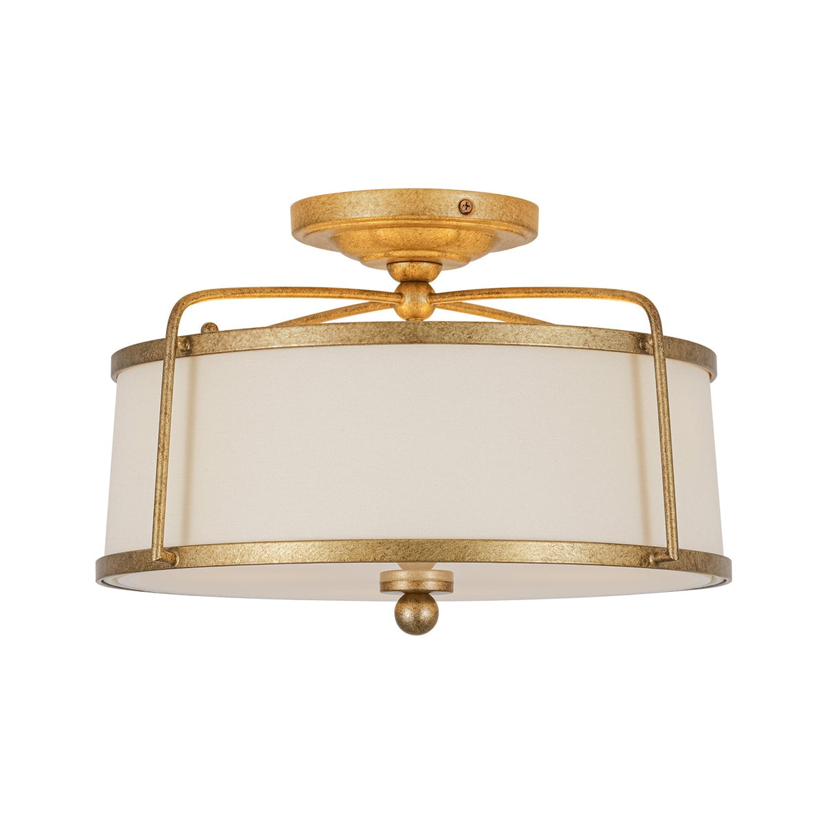 3-Light Distressed Gold Linen Drum Cage Semi Flush Mount