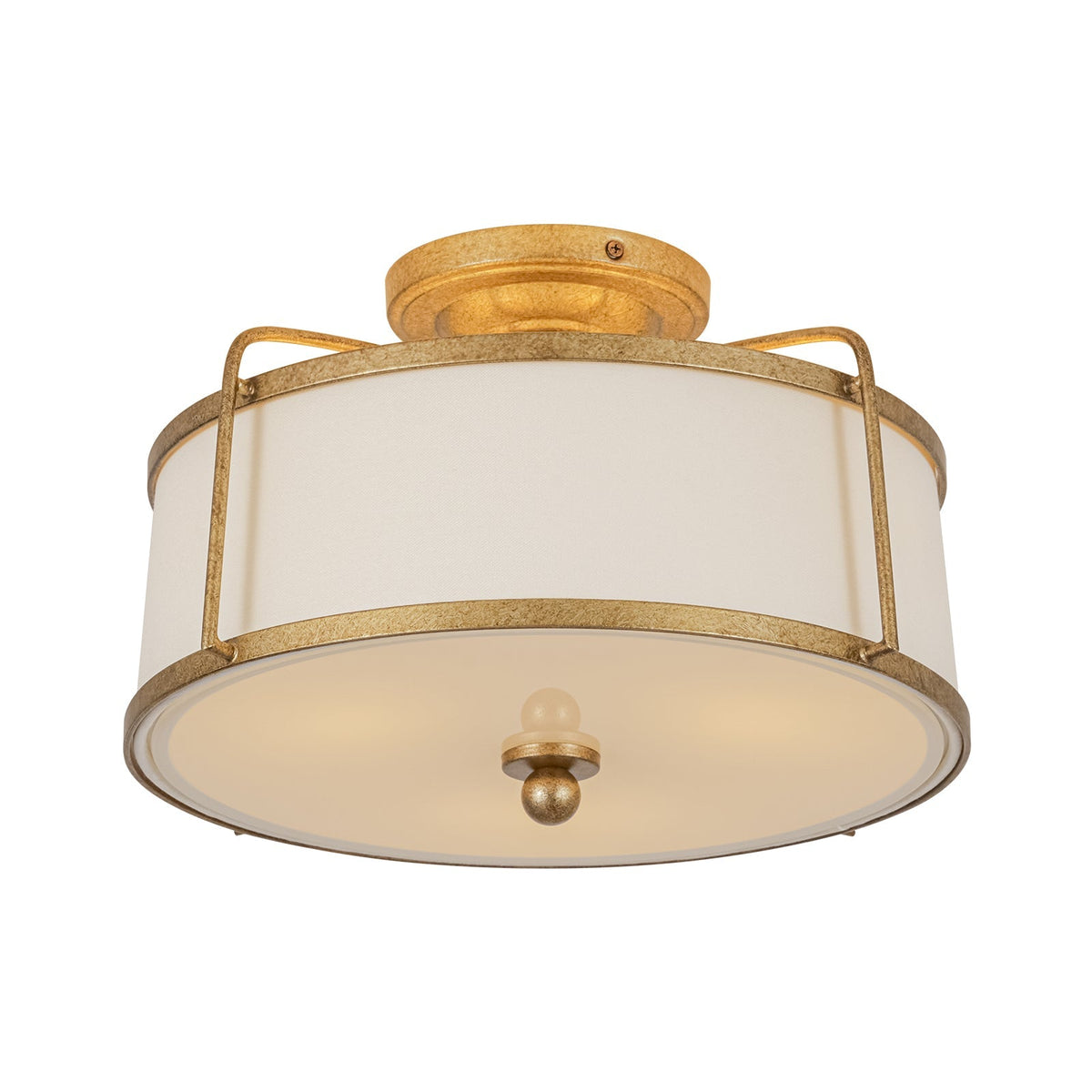 3-Light Distressed Gold Linen Drum Cage Semi Flush Mount