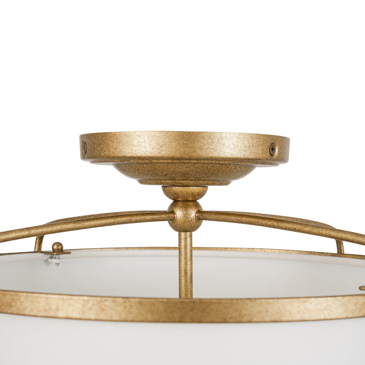 3-Light Distressed Gold Linen Drum Cage Semi Flush Mount