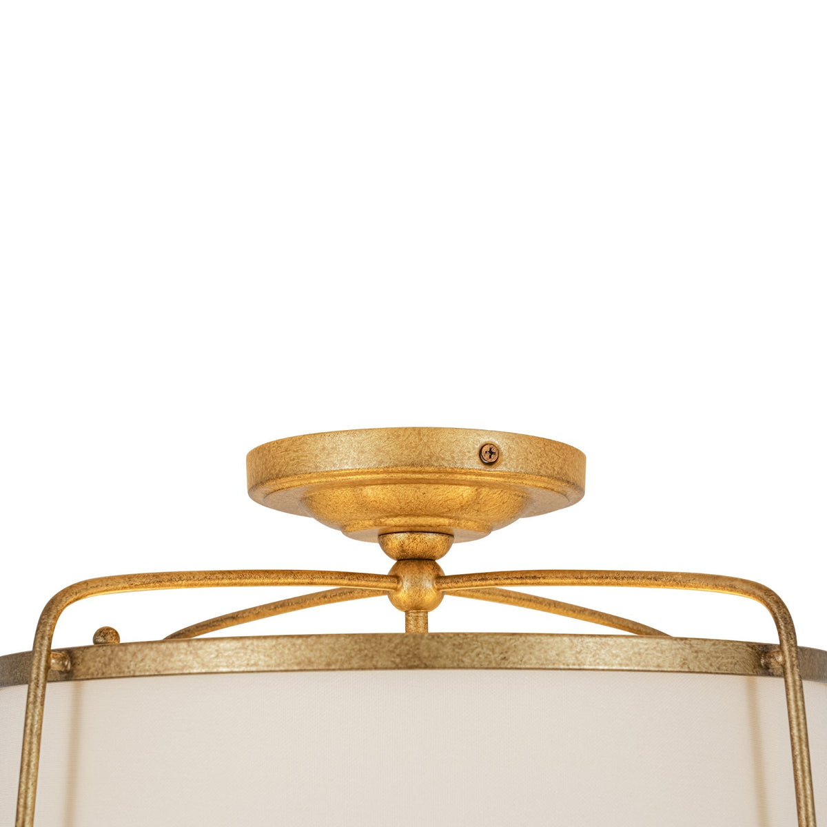 3-Light Distressed Gold Linen Drum Cage Semi Flush Mount