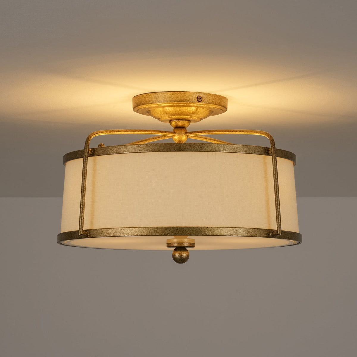 3-Light Distressed Gold Linen Drum Cage Semi Flush Mount