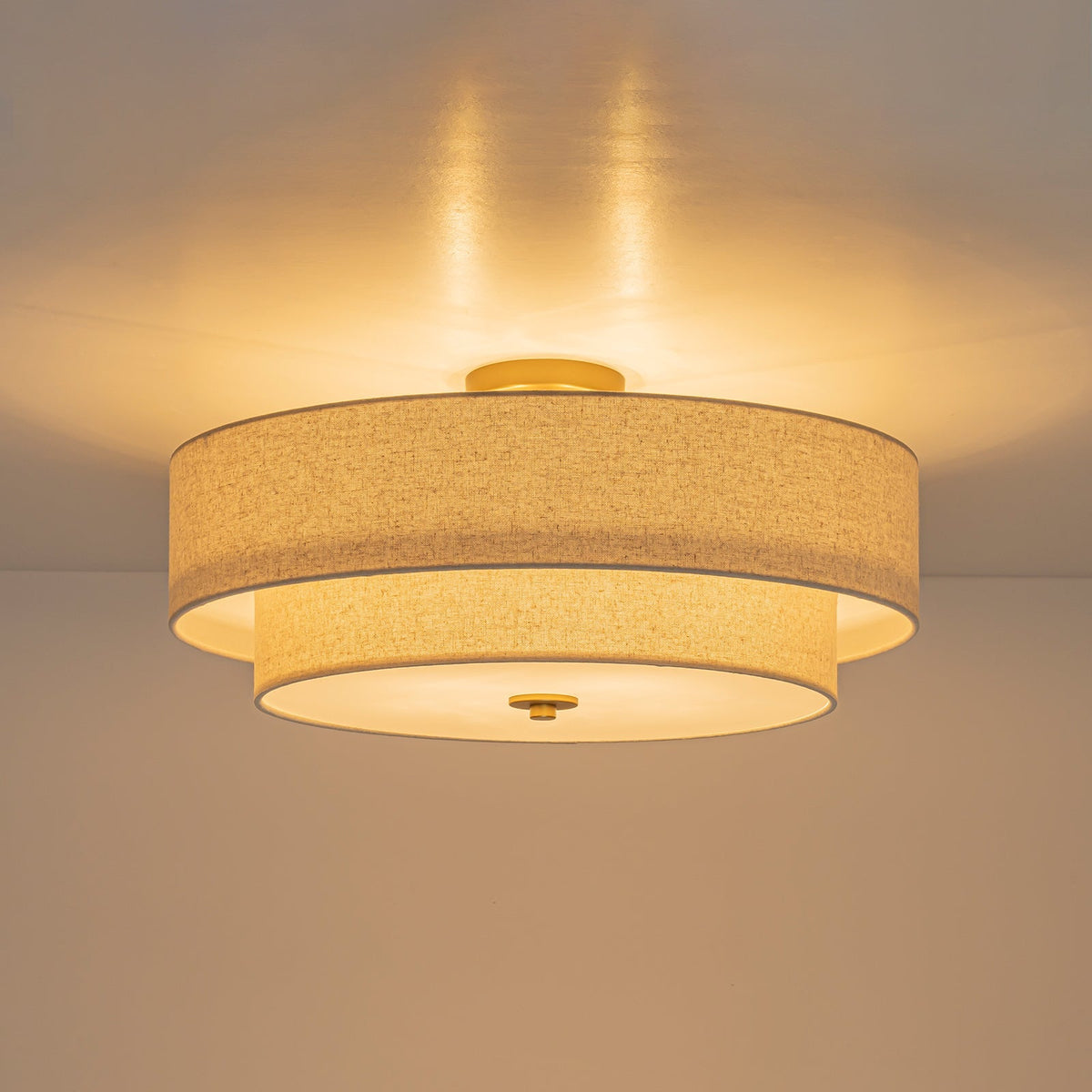 4-Light Tiered Beige Linen Round Drum Brass Semi Flush Mount