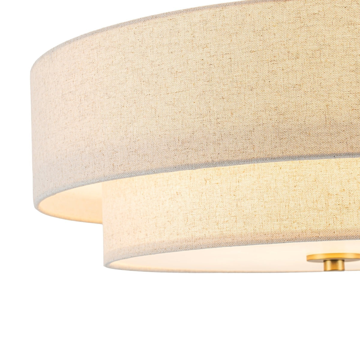 4-Light Tiered Beige Linen Round Drum Brass Semi Flush Mount