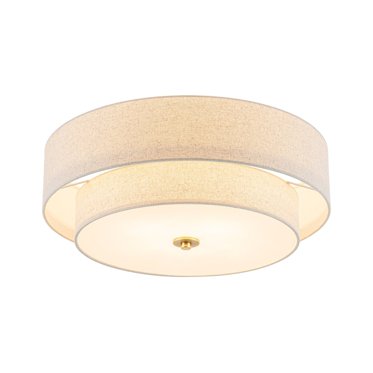 4-Light Tiered Beige Linen Round Drum Brass Semi Flush Mount