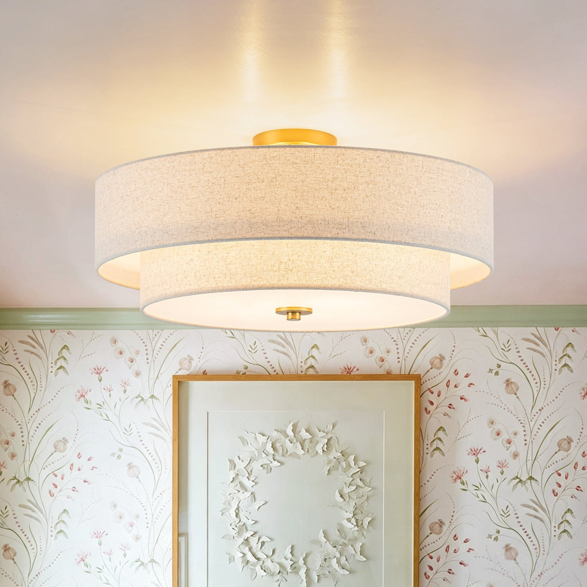 4-Light Tiered Beige Linen Round Drum Brass Semi Flush Mount