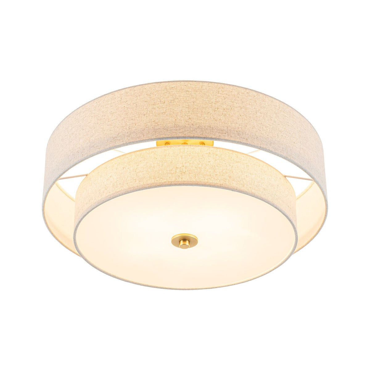 4-Light Tiered Beige Linen Round Drum Brass Semi Flush Mount