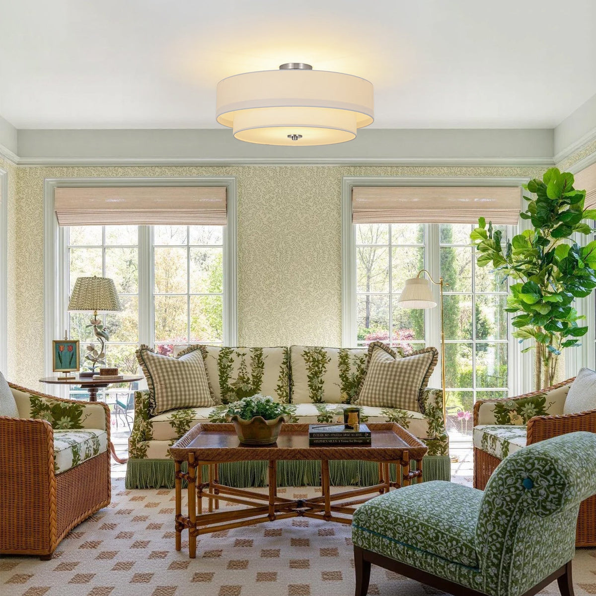 4-Light White Linen Round Drum Semi Flush Mount