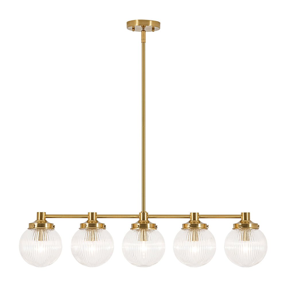 5-Light Brass Ribbed Glass Globe Linear Island Chandelier