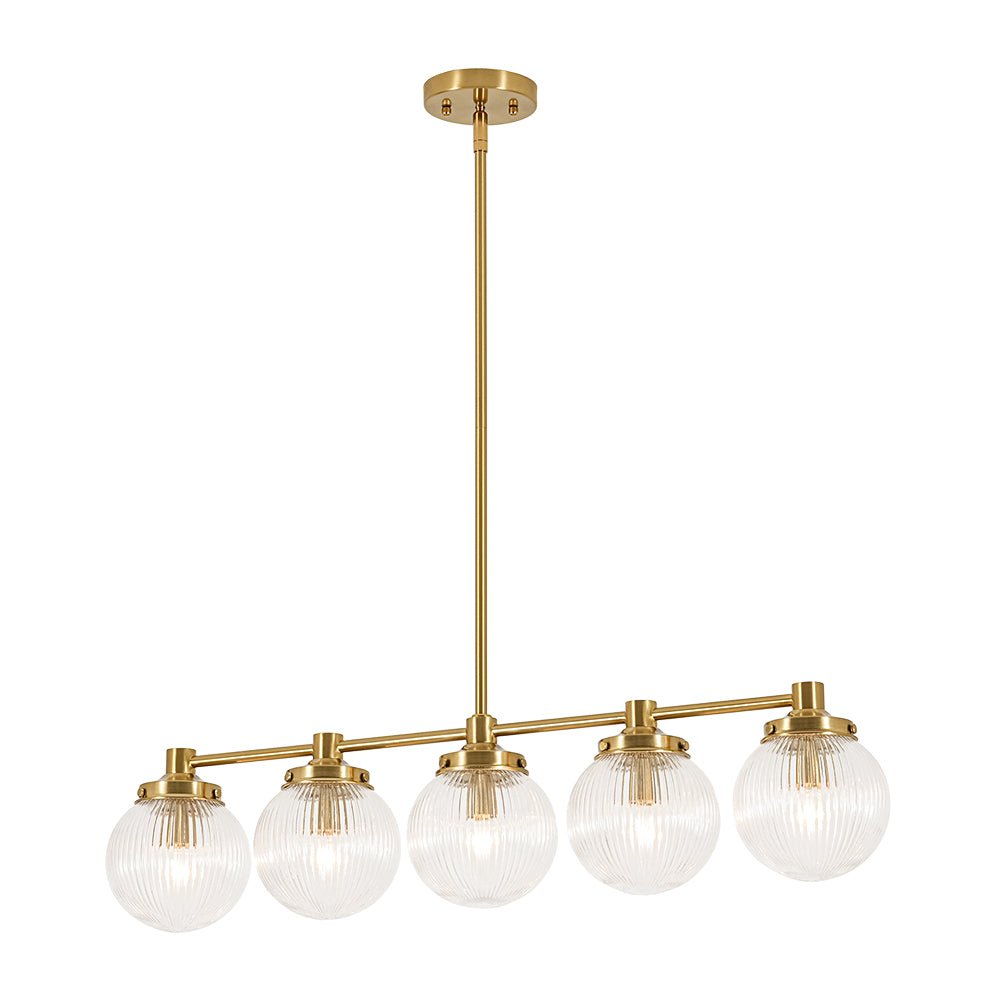 5-Light Brass Ribbed Glass Globe Linear Island Chandelier