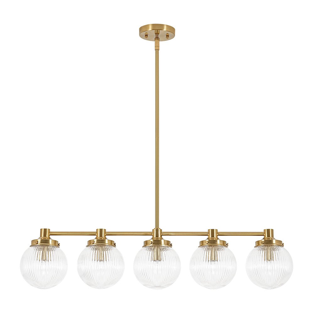 5-Light Brass Ribbed Glass Globe Linear Island Chandelier