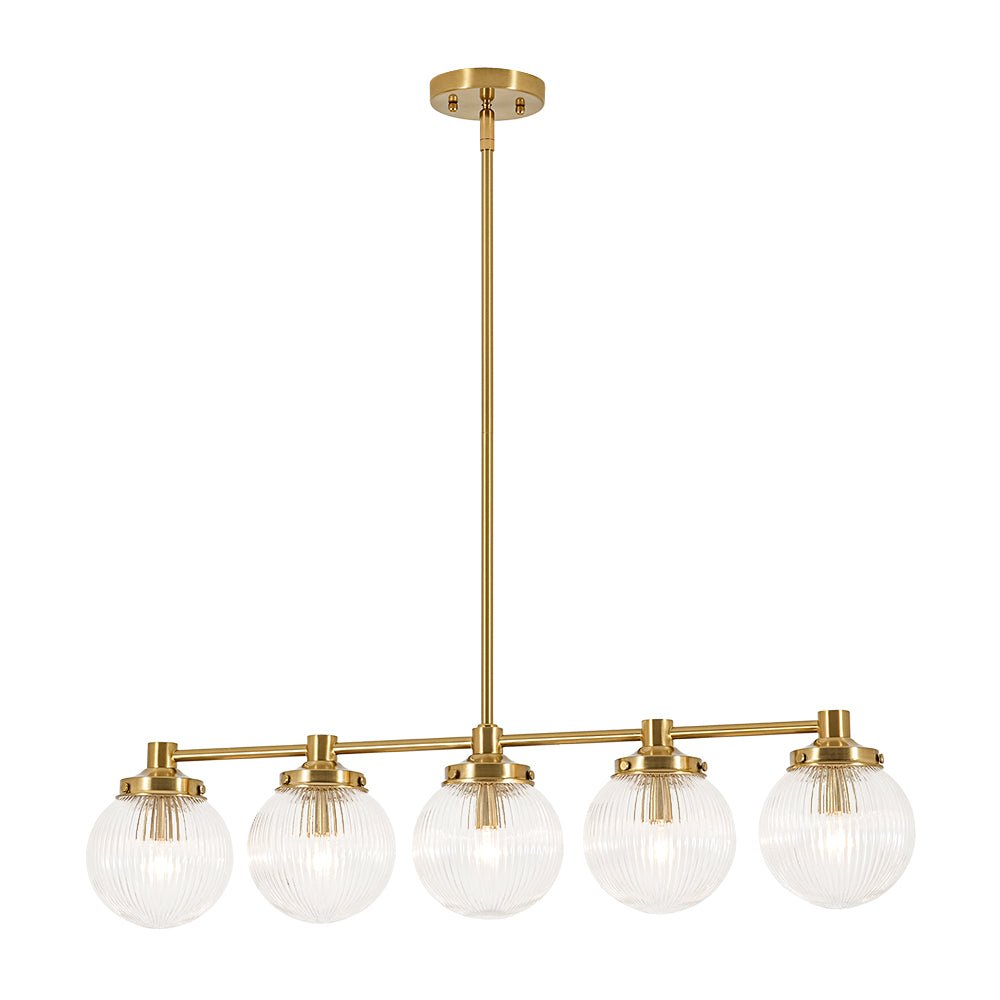 5-Light Brass Ribbed Glass Globe Linear Island Chandelier