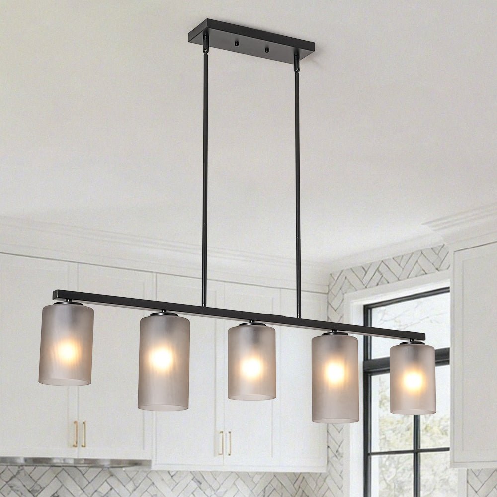 5-Light Gray Ribbed Glass Cylinder Shade Linear Island Chandelier