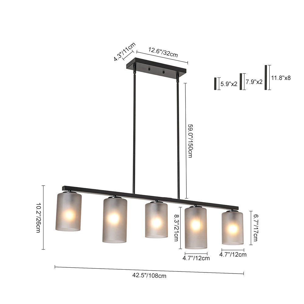 5-Light Gray Ribbed Glass Cylinder Shade Linear Island Chandelier