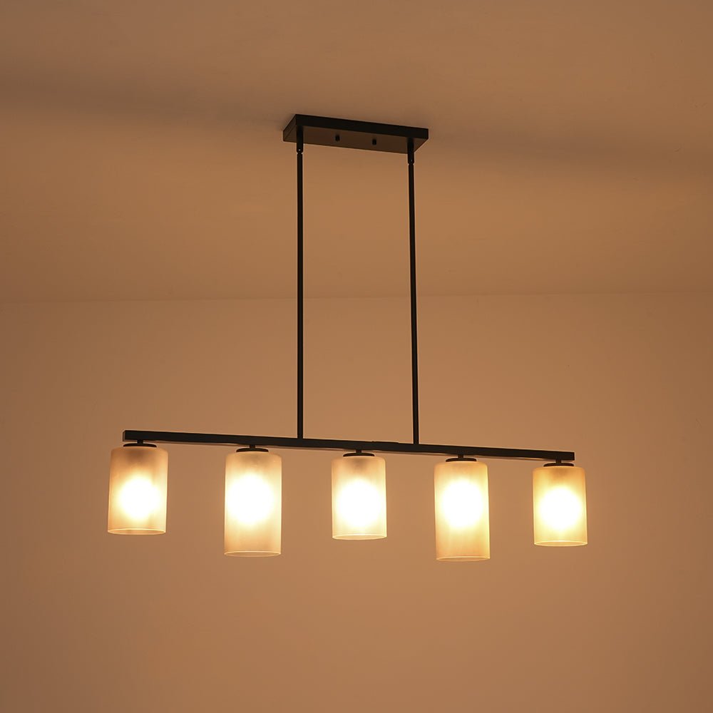 5-Light Gray Ribbed Glass Cylinder Shade Linear Island Chandelier