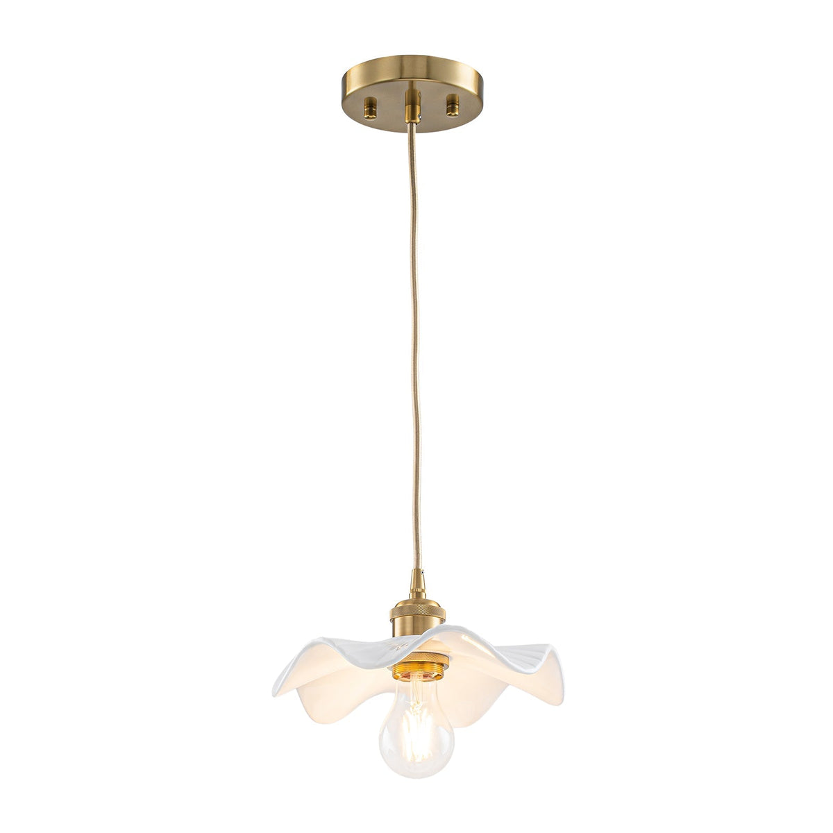 Art Deco 1-Light White Scalloped Ceramic Bloom Pendant