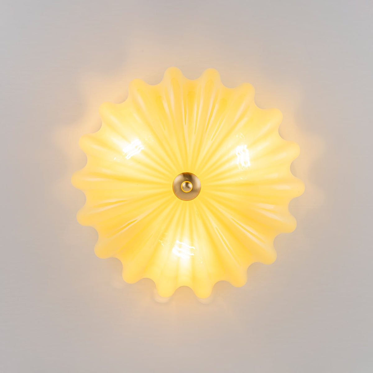 Art Deco Canary Yellow Glass Pleated Flower Semi Flush Mount