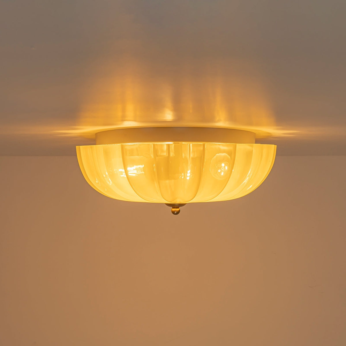 Art Deco Canary Yellow Glass Pleated Flower Semi Flush Mount