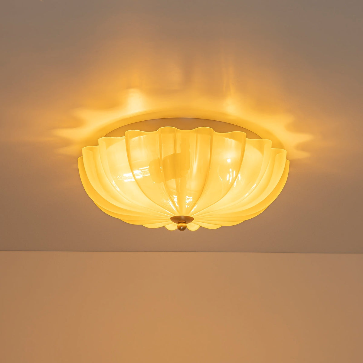 Art Deco Canary Yellow Glass Pleated Flower Semi Flush Mount