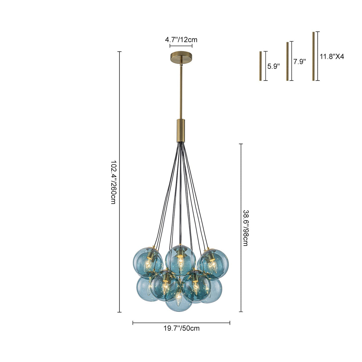 Art Deco Cluster Blue Tinted Glass Globe Bubble Chandelier