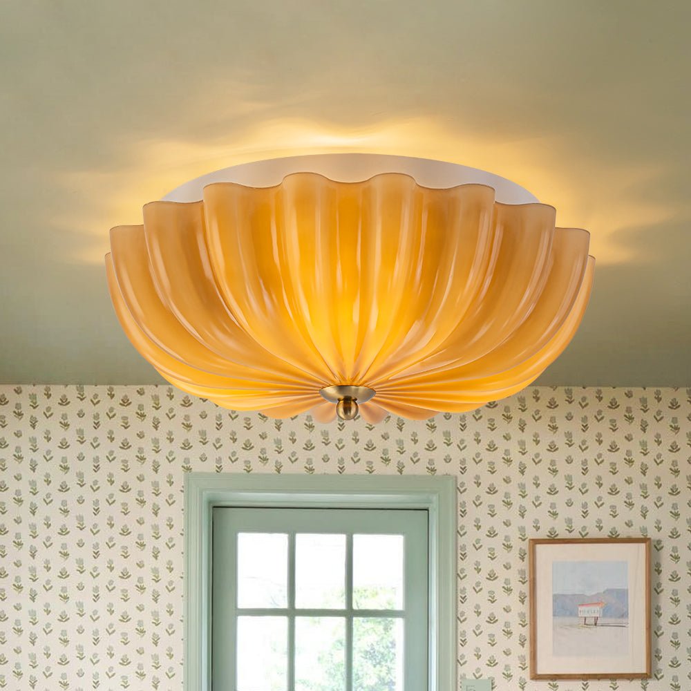 Retro Mocha Brown Glass Pleated Flower Ceiling Light