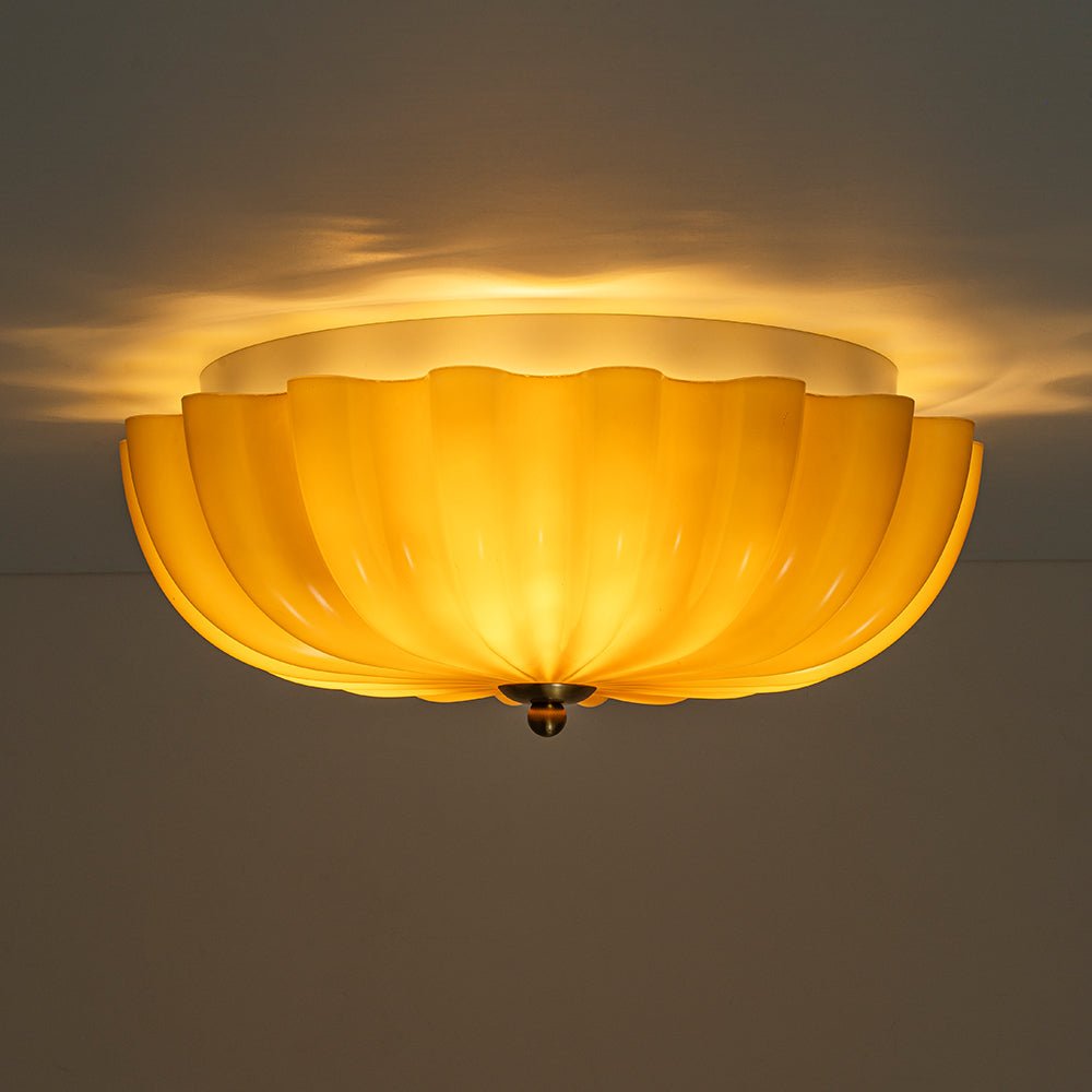 Retro Mocha Brown Glass Pleated Flower Ceiling Light