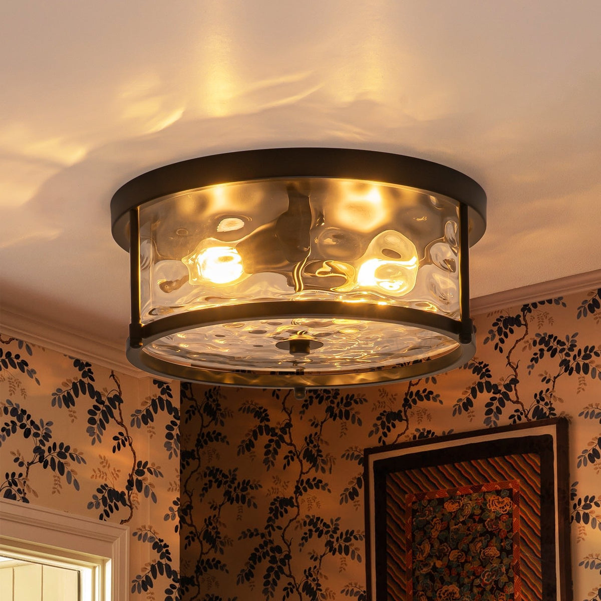 Black 2-Light Vintage Water Glass Drum Semi Flush Mount