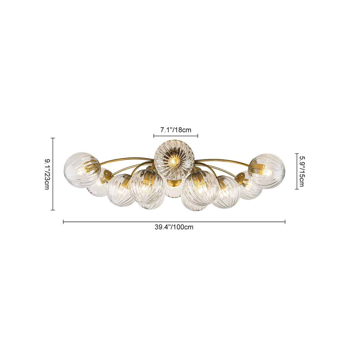 Bloom Brass 12-Light Ribbed Glass Bubble Semi Flush Chandelier