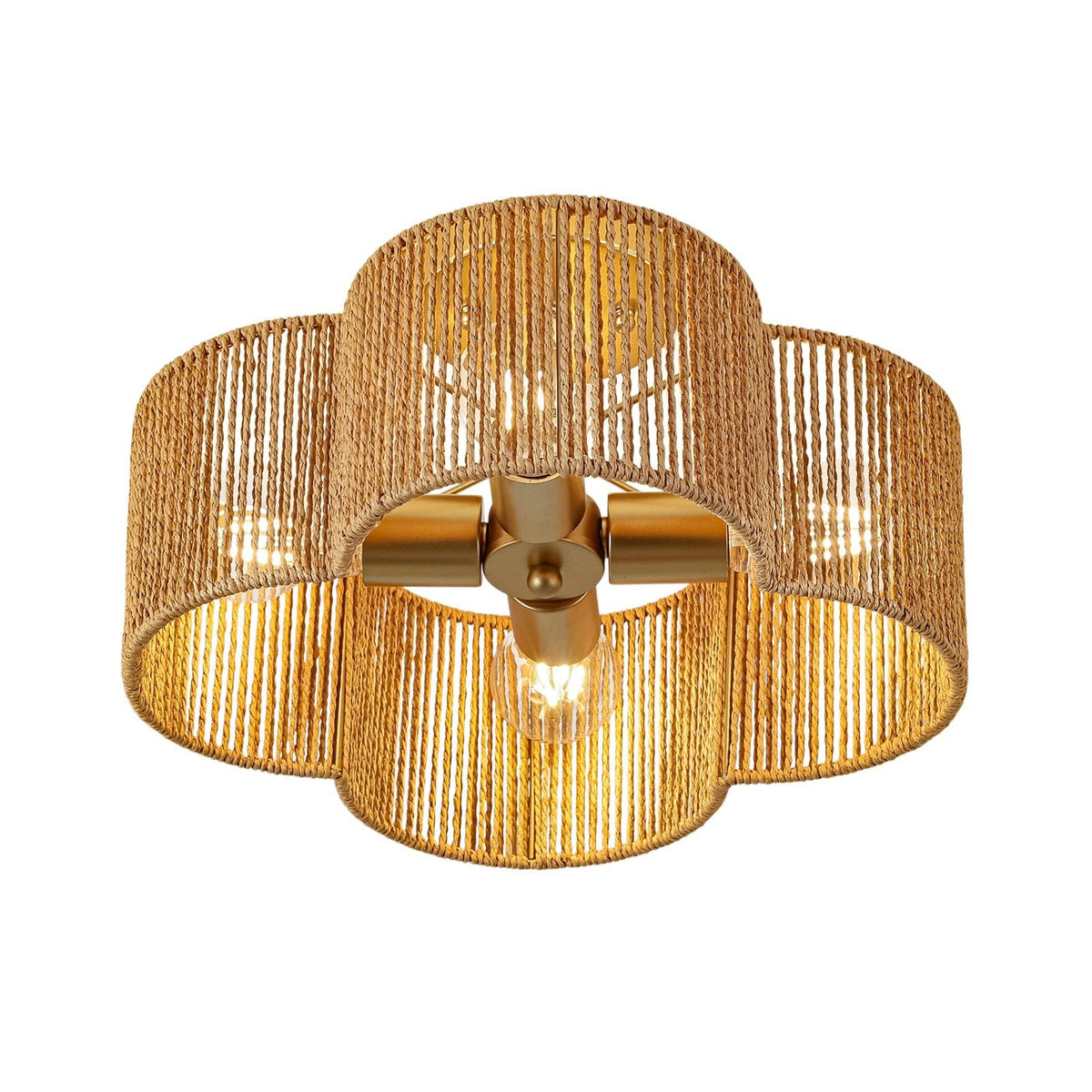 Boho Brown Woven Rope Quatrefoil Cage Semi Flush Mount