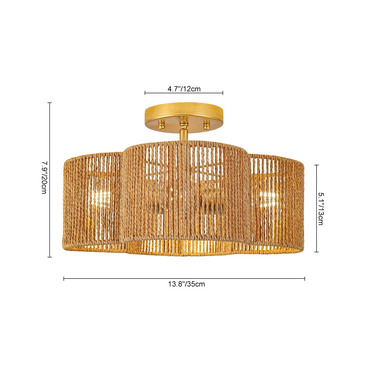 Boho Brown Woven Rope Quatrefoil Cage Semi Flush Mount