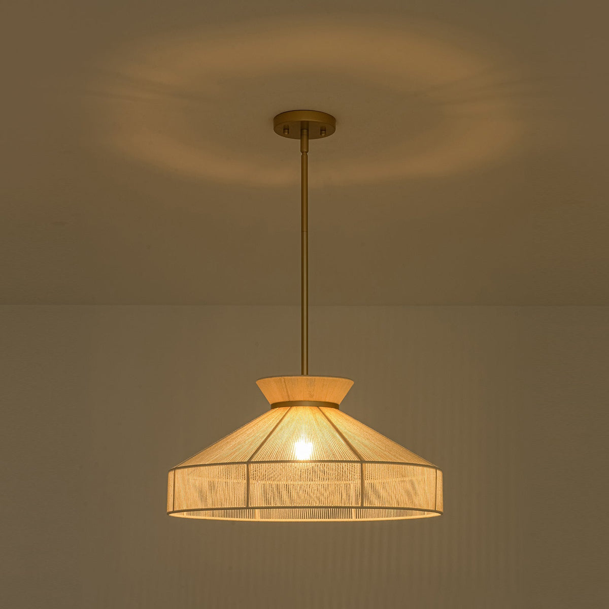 Boho Coastal Woven Beige Thread Conical Cage Chandelier