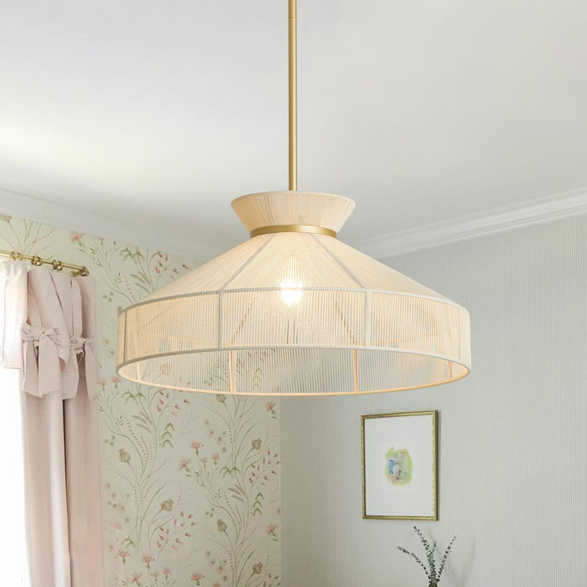 Boho Coastal Woven Beige Thread Conical Cage Chandelier