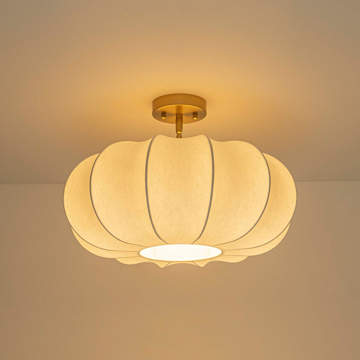 Boho Round White Silk Scalloped Cage Semi Flush Mount