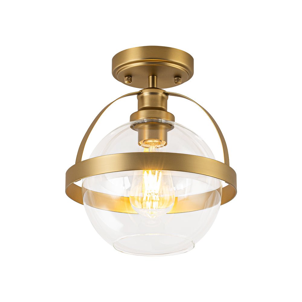 Brass 1-Light Clear Glass Sphere Globe Semi-Flush Mount