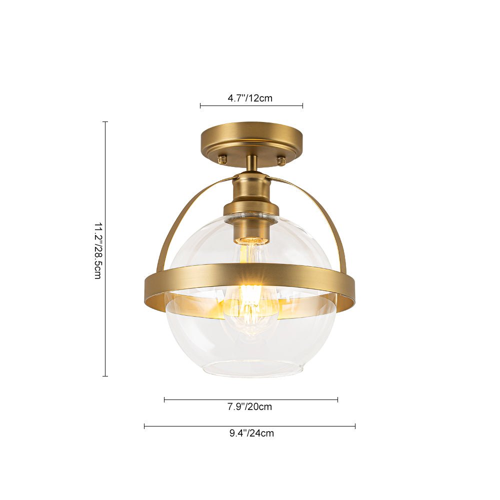 Brass 1-Light Clear Glass Sphere Globe Semi-Flush Mount